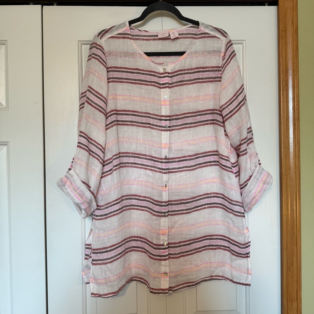 St. Tropez Striped Long Sleeve Linen Blouse/Coverup